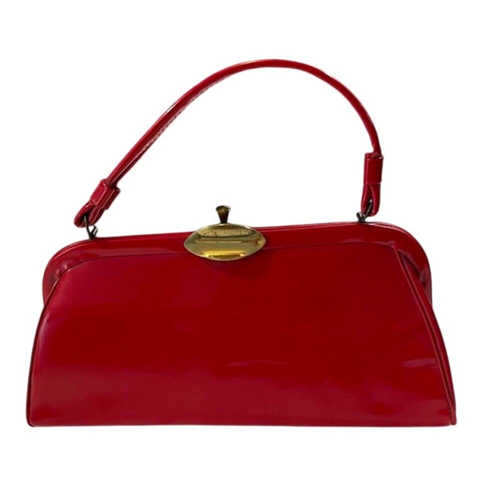 Aetna-Vintage Red Patent Leather Handbag W/Brass Clasp Closure